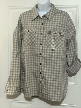 Carhartt Women’s Beige and Gray Plaid Button-Up Shirt